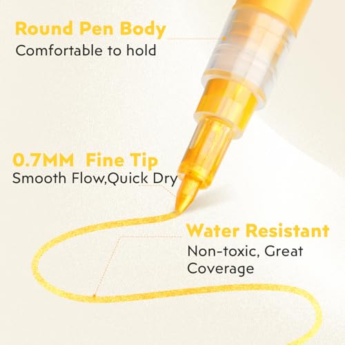 HOTU 5 Pack Super Gold Paint Markers - Metallic Gold Acrylic Paint Pens Glitter Extra Fine Tip 0.7mm for Black Paper,Wood, Rock Painting, Glass, Fabric | Metallic Gold Paint Pens, Water-Based, For Rock Painting, Crafting, Paper, Wood, Glass, Fabric,Metal,
