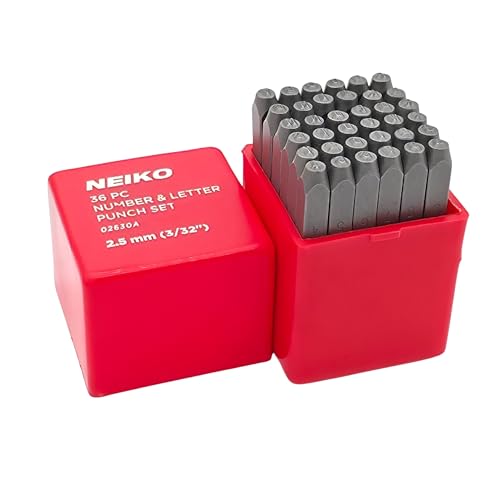 NEIKO 02630A Number and Letter Punch Set with Heat-Treated Steel Punches, Imprinting & Arts and Crafts, 3/32" (2.5MM) Shaft, 36 Pc Stamp Set, Uppercase Letter & Number Punch Set (A-Z / 0-8 / "&") - size: 2.5mm - 3/32"