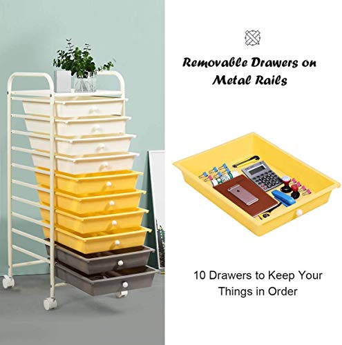 Happygrill 10-Drawer Storage Cart, Utility Cart with Removable Drawers & Metal Frame, Rolling Storage Cart with Lockable Wheels for Home, Office, Yellow - color: Yellow