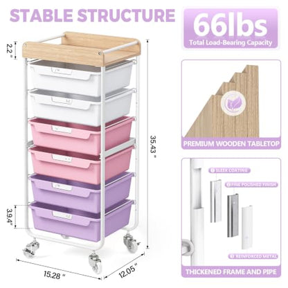 SYKIARIOL Utility Cart with 6 Labeling Drawers and Wooden Tabletop - color: Dreamy Color, size: 6-Drawer