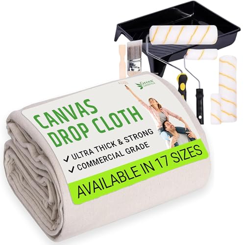 All Purpose Canvas Drop Cloth 4x12, Canvas Tarp for Painting, Bundle with Painting Tool Kit with Roller Covers, Roller Frames, Brushes and Tray for Household Painting, Cabinets and Crafts (11-Piece) - size: 1 Pack - 4x12 with Painting Tool Kit