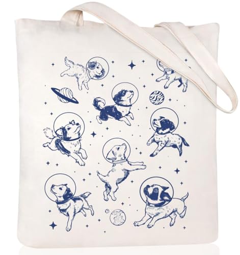 Canvas Aesthetic Tote Bag for Women with Inner Pocket Totes Shoulder Book Bag Shopping Reusable Grocery Bags - color: Dogs in Space