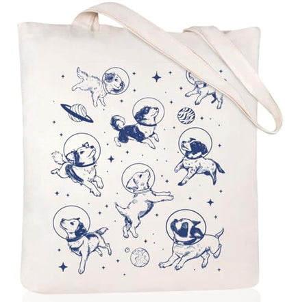Canvas Aesthetic Tote Bag for Women with Inner Pocket Totes Shoulder Book Bag Shopping Reusable Grocery Bags - color: Dogs in Space
