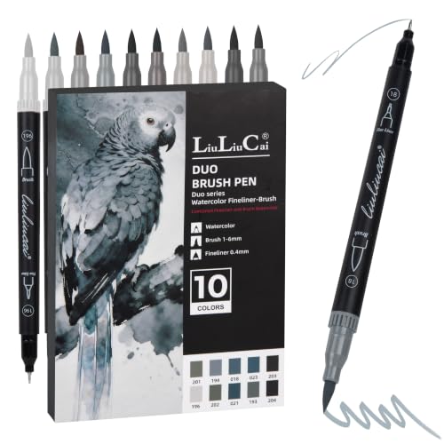LIULIUCAI 10 Gray Dual Markers, Fine & Brush Tip Pen for Adult Coloring - color: 10 Grey