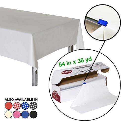 Neatiffy Disposable Plastic Table Cloth Roll | 54 in x 108 Ft Waterproof Tablecloth | Table Cover for Rectangle, Square, Round Oval Tables | Picnic, Party, Banquet, Birthdays, Weddings - White - color: White