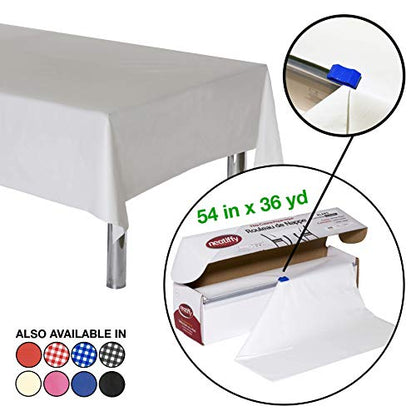 Neatiffy Disposable Plastic Table Cloth Roll | 54 in x 108 Ft Waterproof Tablecloth | Table Cover for Rectangle, Square, Round Oval Tables | Picnic, Party, Banquet, Birthdays, Weddings - White - color: White