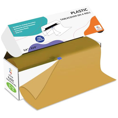 54IN X 320FT Plastic Table Cover Roll with Cutter Box, Cut to Size Plastic Table Cloths for Parties, Birthday, (Gold, 54"x3840"(Rectangular)) - color: Gold, size: 3840" x 54" (Rectangular)