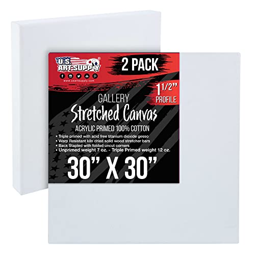 U.S. Art Supply X-Large Stretched Canvas for Painting 30x30 inch Gallery Depth 1-1/2" Thick, 2-Pack - 12oz Acrylic Gesso Triple Primed, Professional Artist Quality, 100% Cotton - Oil, Pouring Paint - size: 30" x 30"