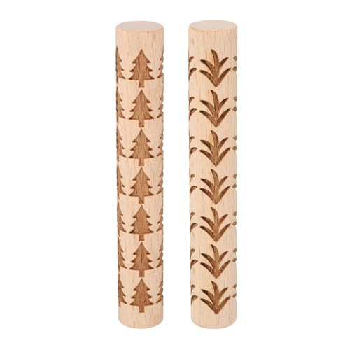 HARFINGTON 2pcs Wood Clay Roller 4" Grass Pine Tree Pattern Rolling Pins Wood Rollers Pottery Tools Wood Grain Texture Rollers for Clay Baking Dough Playdough DIY - style: Grass + Pine Tree