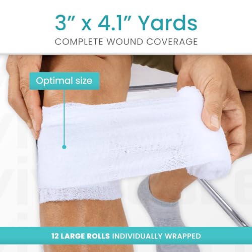 Vive Care XL Gauze Wrap Roll for Wounds (12 Count) Large Sterile Rolls - Individually Wrapped Medical Bandages HSA/FSA Approved - Extra Absorbent & Adhesive Gauze - 3"x4.1" Yards | Individually Wrapped Medical Bandages HSA/FSA Approved - Extra Absorbent &
