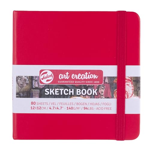 Talens Art Creation Sketchbook Red 12X12 cm, 140 Grams | Hard-Bound Pocket Notebook, 140 GSM/94 lbs Paper, Acid-Free Cream Blank Paper, Ribbon Bookmark and Elastic Closure - color: red, size: 12×12cm