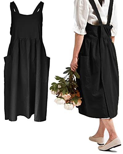 Women Girls Cross Back Apron Gardening Works Cotton Aprons Pinafore Dress - color: Black