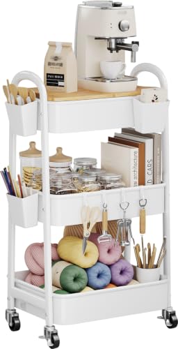 3 Tier Rolling Cart Metal with Wheels and Bamboo Table Top, Art Cart Organizer on Wheels, White Three Tiered Storage Utility Carts for Craft, Baby, Diaper Caddy,Coffee,Kitchen,Cleaning,Office Supplies - color: White