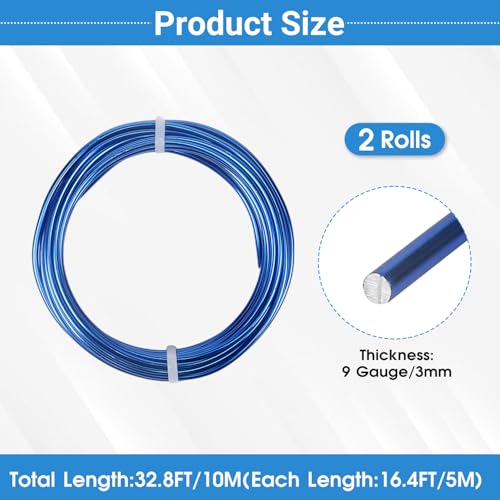 2 Rolls Aluminum Craft Wire, 9 Gauge (3mm) Flexible Metal Wire for Jewelry Making, 32.8 Ft (16.4 Ft/Roll) Bendable Armature Wire for Bonsai, Sculpting and DIY Crafts [Royal Blue] - size: 9Gauge 16.4Ft Each, style: Royal Blue