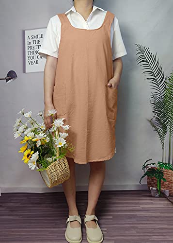Cotton Cross Back Aprons Solid Color Cooking Kitchen Garden Smock for Women Girls with Pockets - color: Brown