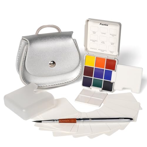 Funto Mini Watercolor Set Travel Kit with 9 Colors, Leather Bag & Watercolor Paper, Portable Drawing & Painting Supplies for Beginners, Art Gift Set - style: Grey