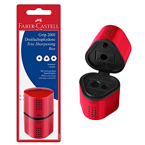 Faber-Castell Grip Trio Manual Pencil Sharpener (Red or Blue) - Graphite, Jumbo and Colored Pencil Sharpener