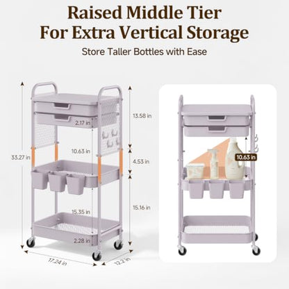 3 Tier Rolling Cart with 2 Drawers, Metal Utility Storage Carts with Wheels | Kitchen Rolling Cart 4.5" Deep Basket, Mesh Side Panel with 3 Cups, 4 Hooks for Office, Bedside, Craft Storage Cart - color: Dray Purple