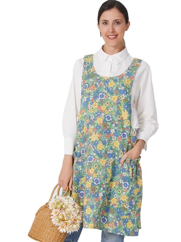 Cozy Adjustable Cross Back Aprons for Women with Pockets Cotton Linen Cooking Kitchen Baking - color: Colorful Floral