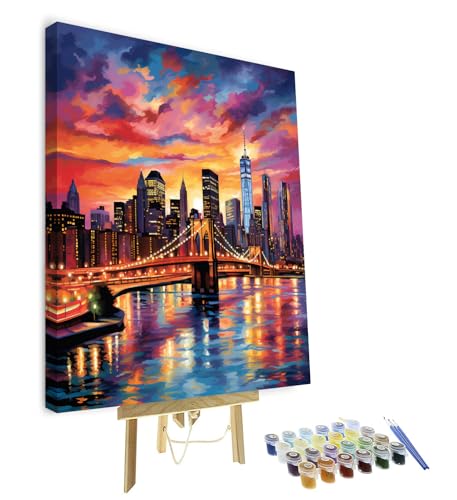 TUMOVO Paint by Numbers for Adults Colorful Cityscape Adults' Paint by Number Kits Brooklyn Bridge Sunset Landscape Art Painting Kits with Brushes Oil Painting Art Crafts Framed 16x20 in - color: Artwork-08-F