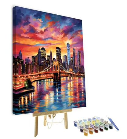 TUMOVO Paint by Numbers for Adults Colorful Cityscape Adults' Paint by Number Kits Brooklyn Bridge Sunset Landscape Art Painting Kits with Brushes Oil Painting Art Crafts Framed 16x20 in - color: Artwork-08-F