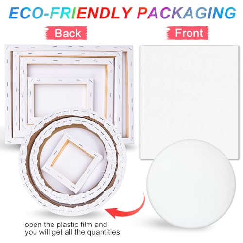 7 Pack Stretched Canvases for Painting, Multi Size 11x14, 9.44x12, 8x10, 5x7, 4x4, Round Canvas with 8x8, 10x10, Primed Blank Canvas for Oil, Acrylic Paint, Beginner, Artist - size: 7 Packs - 7 Sizes (1 of Each)