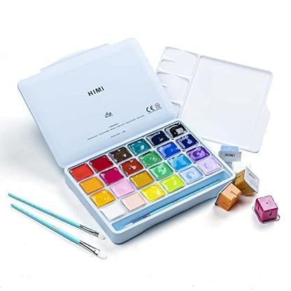HIMI Gouache Paints set with 3 Paint Brushes, 24 Colors, 30g, Jelly Cup Design, Non Toxic Paint for Canvas and Paper, Art Supplies for Professionals (Ice Blue Case) - color: Ice Blue