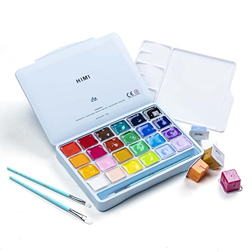 HIMI Gouache Paints set with 3 Paint Brushes, 24 Colors, 30g, Jelly Cup Design, Non Toxic Paint for Canvas and Paper, Art Supplies for Professionals (Ice Blue Case) - color: Ice Blue