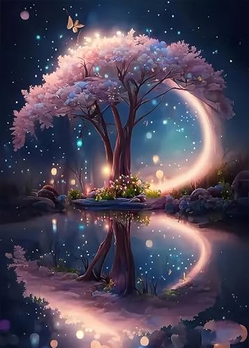 KINPLUB 5D Diamond Painting Kits for Adults, Tree Diamond Art Kits for Beginners, DIY Full Round Drill Paint with Diamond Pictures Gem Art, Home Wall Decor 12 x 16 Inch - color: Pink tree