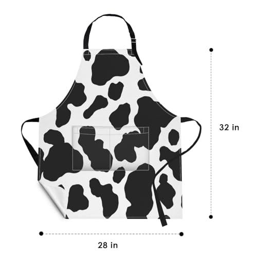 Apron with Pockets, 32x28 inch, for Women Men, Black White Cow | Spots Dalmatian Animal Milk Waterproof Adjustable Bib Aprons for Kitchen Cooking Baking Painting Gardening - color: Cow Spot