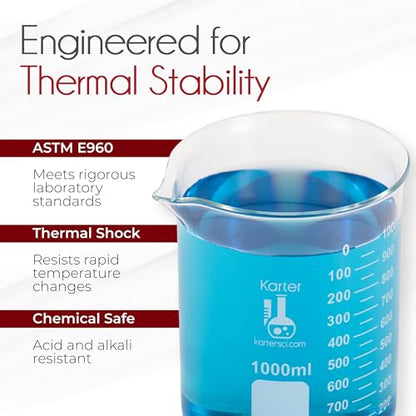 Karter Scientific, 3.3 Boro, Griffin Low Form, Glass Beaker Set - 6 Sizes - 10ml, 50ml, 100ml, 250ml, 500ml, 1000ml - size: 6-Piece Set, style: Pack of 6