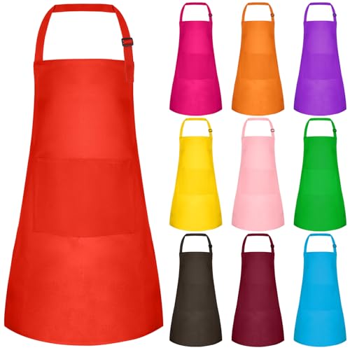 10 Pack Kids Apron Adjustable Children Apron with 2 Pockets Children Chef Painting Aprons for Cooking Baking Painting Crafts Making - color: Multicolor