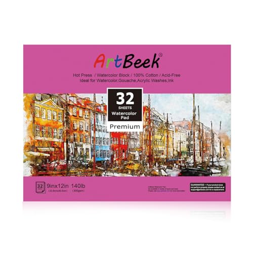 ArtBeek Watercolor Paper Block, Watercolor Block 100% Cotton Paper Pad 140g/300GSM (9X12 Hot Press) - size: Hot Press 9x12