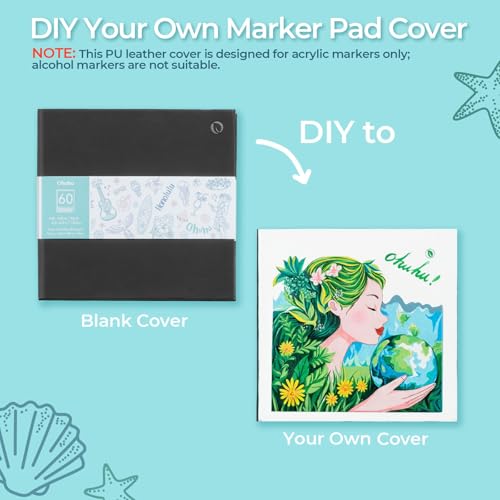 Ohuhu 6.3"x6.3" Double-Sided Bleedproof Marker Pad Art Sketchbook 60 Sheets | Small Square Sketch Book - 90 LB/150 GSM Smooth Drawing Paper - 60 Sheets/120 Pages -Hardcover Sketch Pad for Alcohol Markers - size: 6.3" x 6.3"