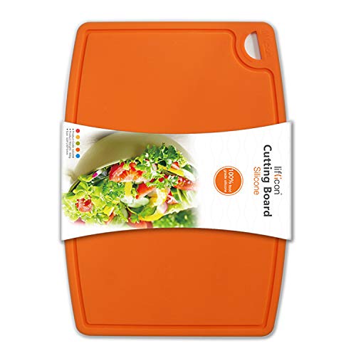 Liflicon Thick Silicone Cutting Board 12.6'' x 9.1'' Juice Grooves Easy Grip Handle Dishwasher Safe-Orange - color: Orange, size: 12.6"L x 9.1"W