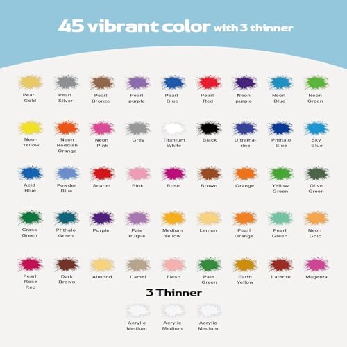 Airbrush Paint - 45 Colors Airbrush Paint Set with 3 Tinner, Plastic & Wood Acrylic Air brush Paint Kit Ready to Spray, Water-Based for Artists Beginners Hobbyist, 0.34 Fl Oz/10ml - 48 Bottles - color: 45 Colors with 3 Thinner