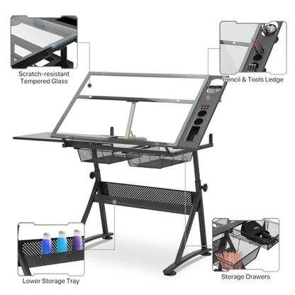 Adjustable Height Drafting Table with Stool, Modern Style, Tough Glass Top, 28-36 in Length, 19 in Width, 30 in Height, Ideal for Artists, Designers, Office, Studio | Tough Glass Top, 28-36 in Length, 19 in Width, 30 in Height, Ideal for Artists, Designer