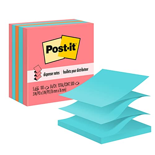 Post-it Pop-up Notes, 3 x 3 in, Assorted Brights, 5 Pads, 100 Sheets/Pad | School Supplies, Office Products, Accordion Sticky Notes work with Pop-Up Note Dispenser - size: 3x3 Inch