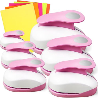 CHENGU 6 Pcs Circle Punch Set 3in/2in/1.5in/1in/0.6in/0.3in Scrapbook Hole Punchers Crafting with 10 Sticker Paper Round Cutter Scrapbook for Office Supplies DIY Albums Photos(Pink) - color: Pink, style: Circle