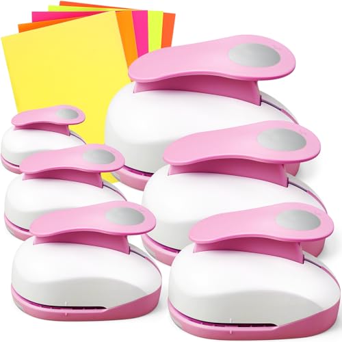 CHENGU 6 Pcs Circle Punch Set 3in/2in/1.5in/1in/0.6in/0.3in Scrapbook Hole Punchers Crafting with 10 Sticker Paper Round Cutter Scrapbook for Office Supplies DIY Albums Photos(Pink) - color: Pink, style: Circle