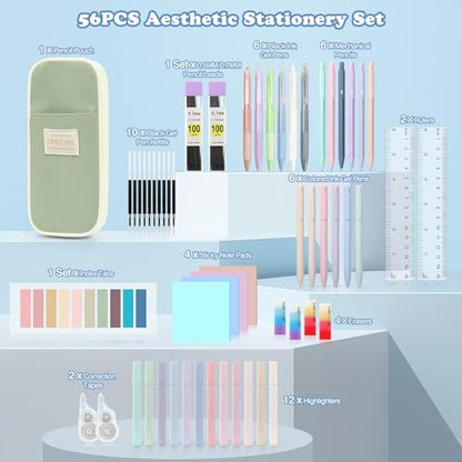 MoKo Pencil Case with Supplies, 56Pcs Aesthetic School Set, Green | Includes 12 gel pens, 12 highlighters, 6 mechanical pencils, refills, sticky notes, index tabs, rulers and correction tapes. - color: Green-56P