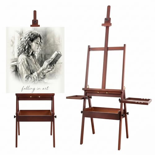 Falling in Art Large Wooden Painting Easel with Storage Drawer and Palettes | H-Frame Studio Easel Stand Holds Canvas up to 36 Inches, Suitable for Adults, Beginners, and Artists, Walnut - style: Walnut