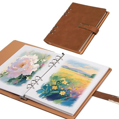 Professional Watercolor Sketchbook with 6-Ring Binder, 20 Sheets 300GSM/140lb 100% Cotton Acid-Free Cold Press Paper, 9.25" x 6.3" Textured Art Journal for Artists, Students & Adults (Brown) - color: Brown