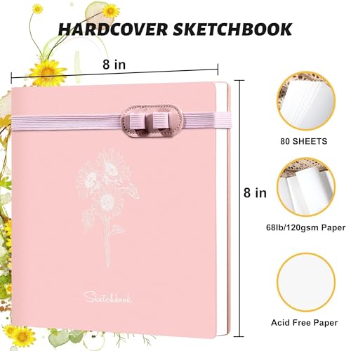 Hardcover Sketchbook for Drawing with 2 Pencils,160 Page Sketch Book,Pink | Acid Free 150GSM Thick Paper,Gift Boxed,Square Leather Art Sketch Pad Drawing Paper Book Artist's Journal for Women Adults - color: Pink