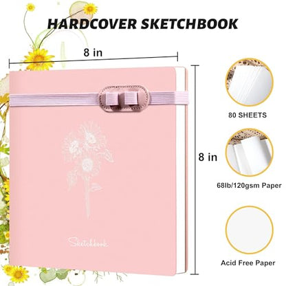 Hardcover Sketchbook for Drawing with 2 Pencils,160 Page Sketch Book,Pink | Acid Free 150GSM Thick Paper,Gift Boxed,Square Leather Art Sketch Pad Drawing Paper Book Artist's Journal for Women Adults - color: Pink