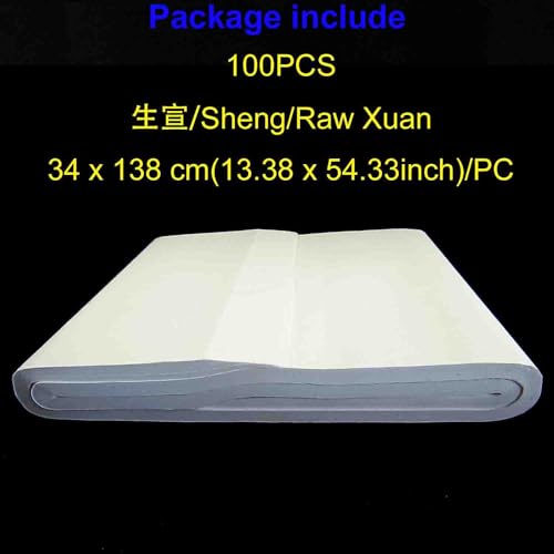 KYMY Chinese/Japanese Calligraphy Paper 100PCS, Sumi Paper/Rice Paper for Writing Painting Drawing Practice, Chinese Brush Ink Xuan Paper Sheng (Raw) Xuan (34 x 138 cm (13.38 x 54.33 inch)) - size: Sheng (Raw) Xuan 34 x 138 cm (13.38 x 54.33 inch)