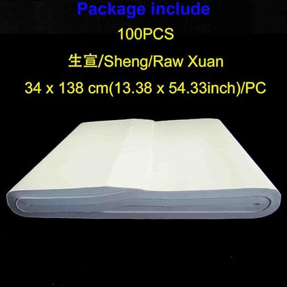 KYMY Chinese/Japanese Calligraphy Paper 100PCS, Sumi Paper/Rice Paper for Writing Painting Drawing Practice, Chinese Brush Ink Xuan Paper Sheng (Raw) Xuan (34 x 138 cm (13.38 x 54.33 inch)) - size: Sheng (Raw) Xuan 34 x 138 cm (13.38 x 54.33 inch)