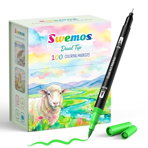 Markers for Adult Coloring Books No Bleeding, 100 Dual Tip Coloring Markers | Coloring Markers Suitable for Coloring Books, Note Taking, Hand Lettering Calligraphy, Drawing, Journaling, Sketching - color: Green