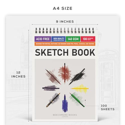 Beechmore Books 9x12 Top Spiral Sketchbook 140 GSM 100 Perforated Pages | Acid-Free White Paper, Artist Sketch Pad & Drawing Notebook, Art Supplies for Adults, Artists, Students & Teens - size: A4 (9" x 12")