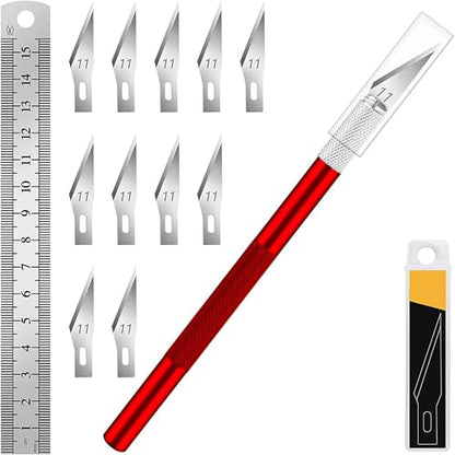 DIYSELF Hobby Knife Set with 10 Extra #11 Blades, 15cm Metal Ruler for Art | Hobby Knife Set for Model Making, Pottery, Paper & Vinyl Projects, Exacto Knife for Crafting, Artists & Hobbyists, Red - color: Red